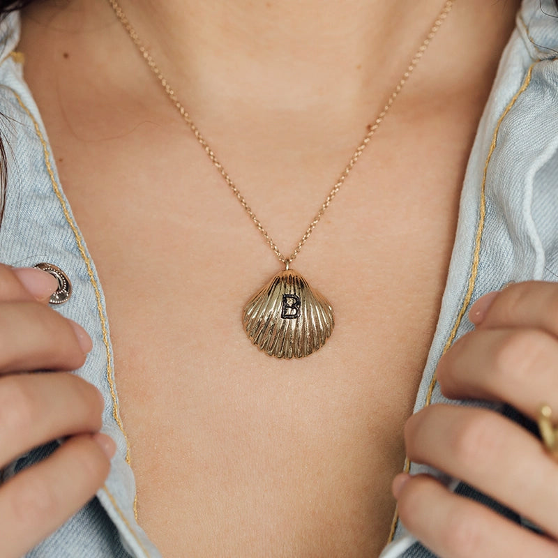 Personalized Gold Seashell Necklace With Antiqued Initial - Daphna Simon Jewelry