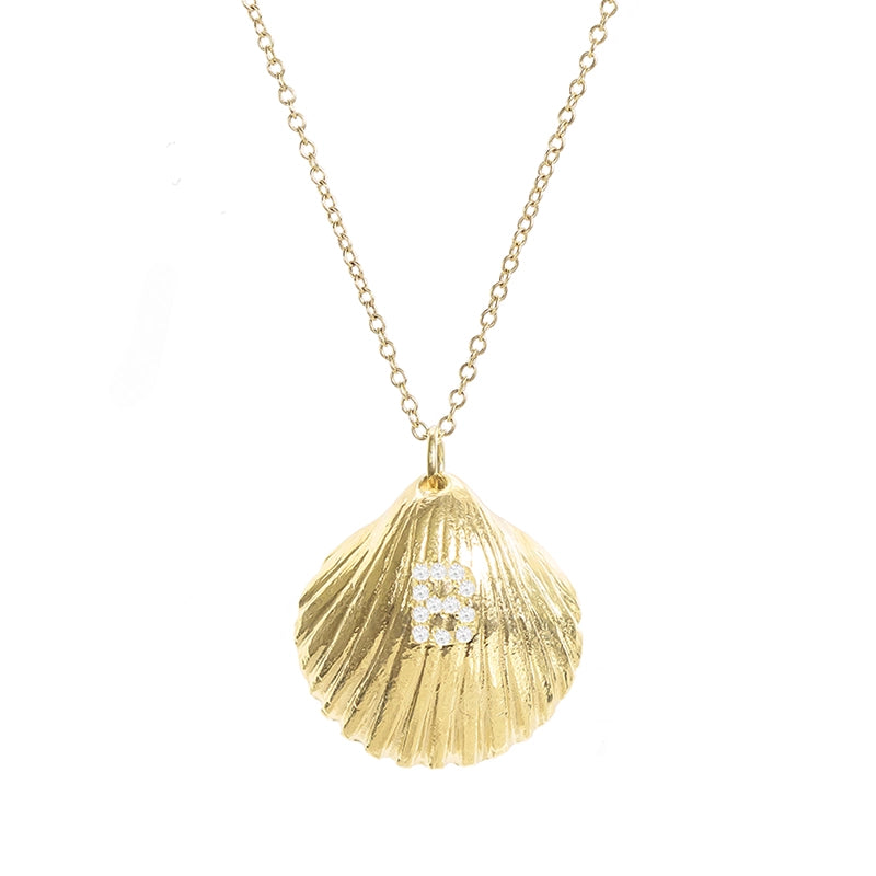 Gold Seashell Necklace with Initial in Diamonds - Daphna Simon Jewelry
