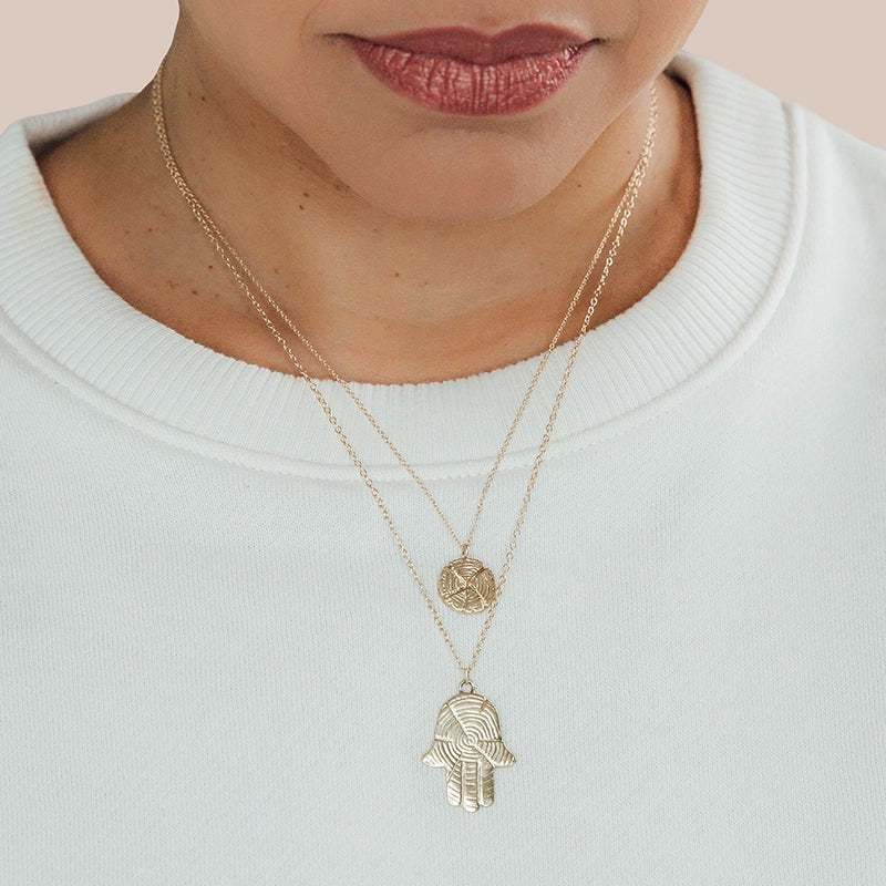 Gold Log Necklace and Hamsa Necklace - Daphna Simon Jewelry